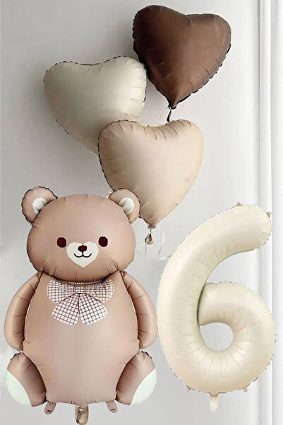 Baloncu Dükkanı 6 yaş Retro Kalpler Krem Rakam Karamel Ayı Doğum Günü seti