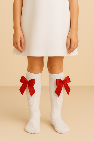 PAMBIK AYAKLAR 23 Nisan Kız Çocuk Kurdeleli Dizaltı Çorap Fiyonklu Okul Çorab...