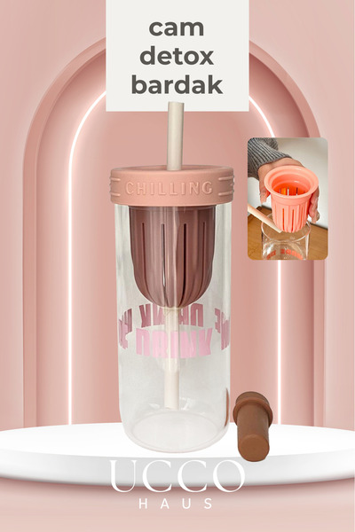 UCCO 600ml More Drink Glass Detox Flask with Straw Water Bottle Cup - Presentation Cup for Milk, Water, Soft Drinks, Lemonade