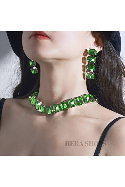 HERA SHOPS Kristal Taşlı Kolye Küpe Seti Hediye Takı Günlük Takı Vip Takı