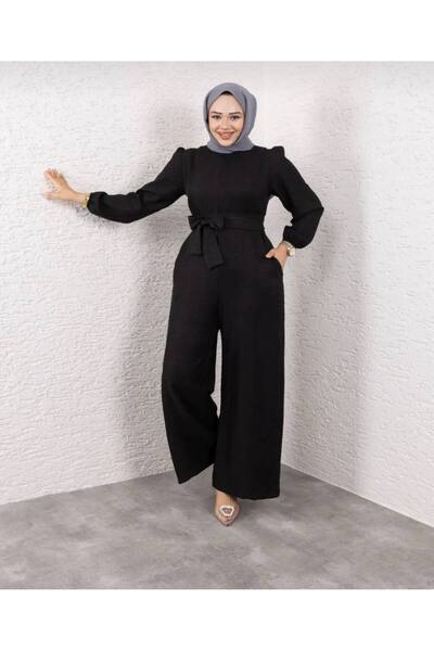 Gülmude Hijab Wrapped Wide Belt Black Jumpsuit