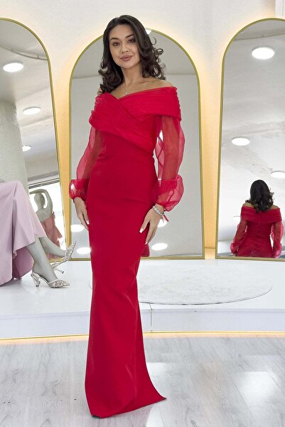 zks grup tekstil Chiffon Sleeve Detail Off Shoulder Mermaid Evening Dress Black, Powder, Red, White, Baby Blue, Pink