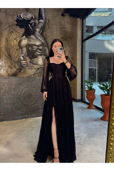 zoezoe Daliya-Ekstra Dar Klalıp Dantelli Balon Kol Korseli Önü Yırtmaçlı Abiye Siyah