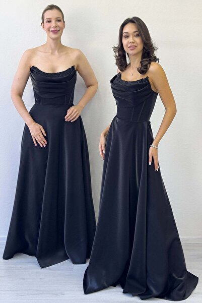 zks grup tekstil Black Strapless Corset Detail Beaded Backless Evening Dress
