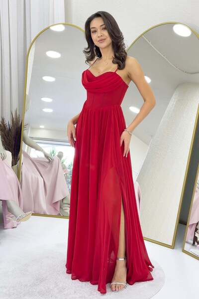 the ZKS Sırt Dekolteli Korse Detay Yırtmaçlı Şifon Abiye Elbise Siyah, Saks Mavi, Kırmızı, Lacivert