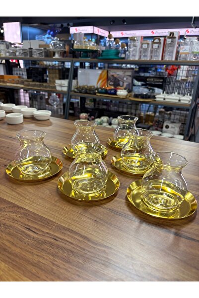 ARS HOME DEKOR Metal Bardak Altlığı,Cam Tiryaki Bardaklı Çay Seti,6 Kişilik12Parça Çay Takımı,Lüks,Metal Çay Tabağı