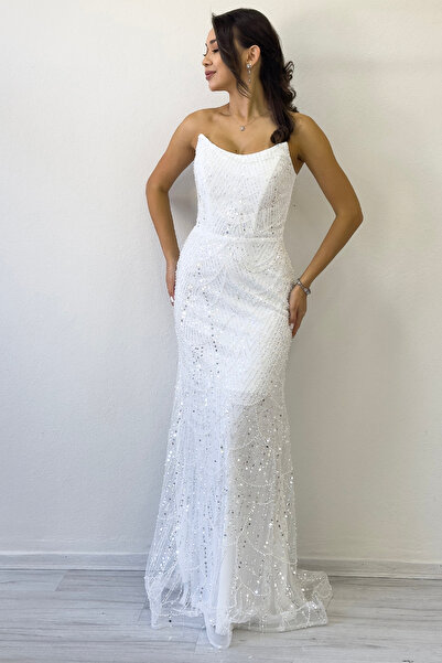 the ZKS Strapless Fish Design Sequin Evening Dress White, Grey, Black
