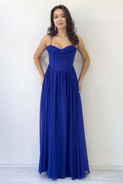 zks grup tekstil Backless Corset Detail Slit Chiffon Evening Dress Black, Saks Blue, Red, Navy Blue
