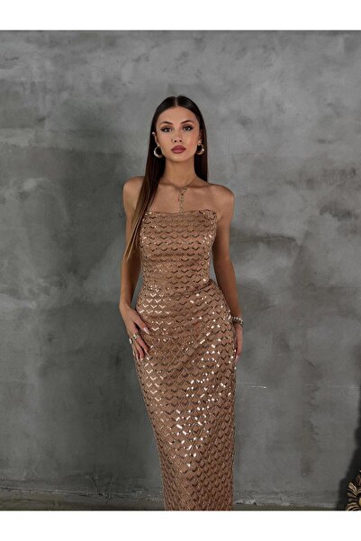 zoezoe Silviya Straplez Pul Payet İşlemeli Elbise Midi Abiye Beyaz