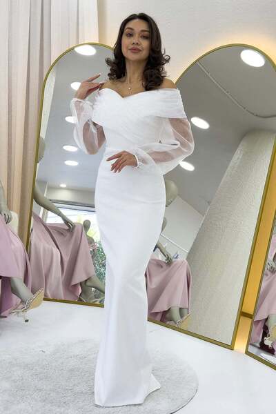 zks grup tekstil Chiffon Sleeve Detail Off Shoulder Mermaid Evening Dress Black, Powder, Red, White, Baby Blue, Pink