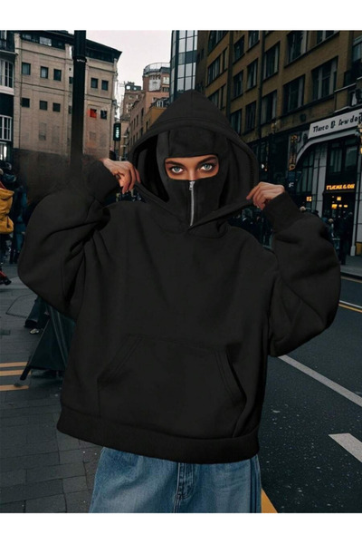 MOONBULL Hanorac supradimensionat unisex, stil ninja, cu glugă și mască integ...