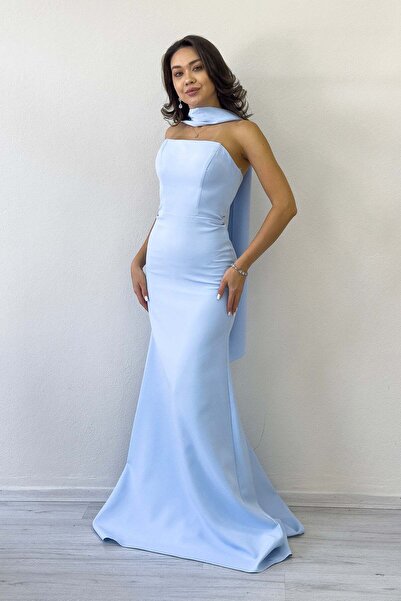 zks grup tekstil Shawl Collar Detail Strapless Mermaid Evening Dress Powder, Baby Blue, Black, Red, Navy Blue, White