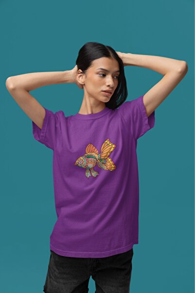 ArtYus تي شيرت نسائي/بناتي بأكمام قصيرة وياقة دائرية مطبوع عليه صورة سمكة ملونة