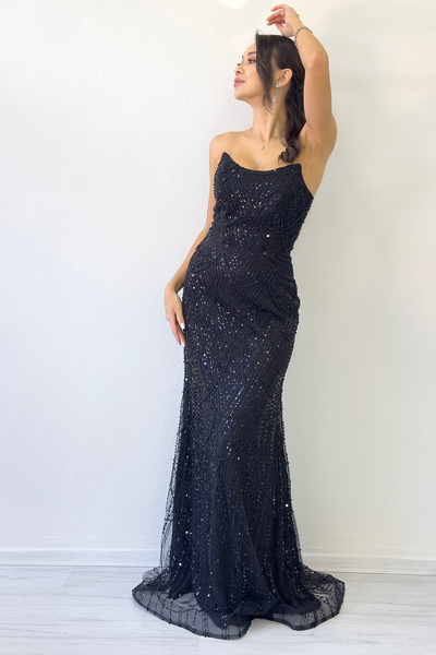 zks grup tekstil Strapless Fish Design Sequin Evening Dress White, Grey, Black