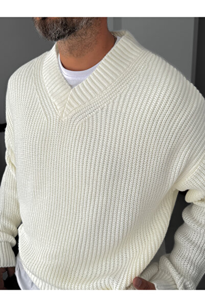 BYBASICMAN Ecru Embroidery Detailed V-Neck Knitted Sweater Tw-1014