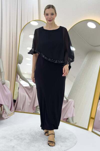 zks grup tekstil Black Plus Size Chiffon Cape Sleeve Detail Evening Dress