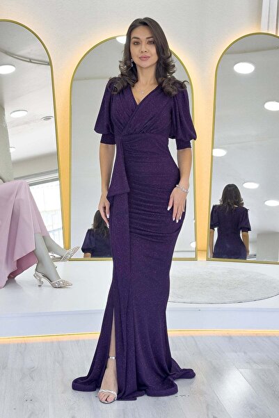 zks grup tekstil Balloon Sleeve Glitter Draped Flounce Detail Mermaid Evening Dress White, Indigo, Burgundy, Navy Blue, Purple, Black