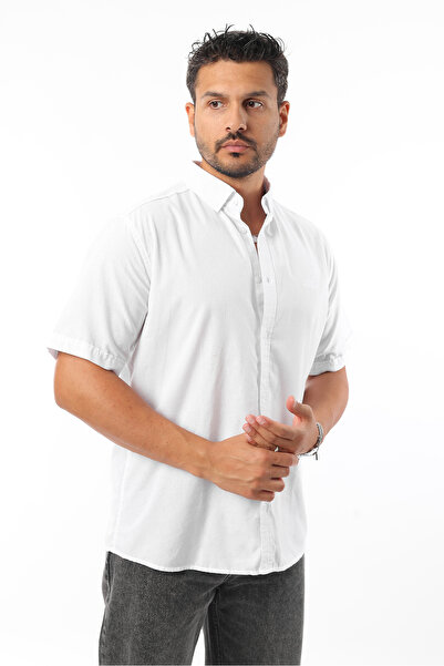 Rodrigo Men's Linen 100% Cotton Standard Fit Short Sleeve White Men's Shirt