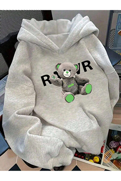 LAMASTRE Ravr Bear Kapüşonlu Swea tricou - GRI cu imprimeu, decolteu tip crew...