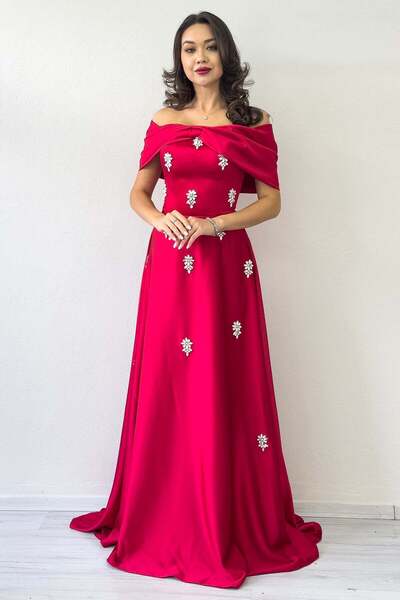 zks grup tekstil Bow Collar Stone Detailed Satin Evening Dress Powder, Red, White