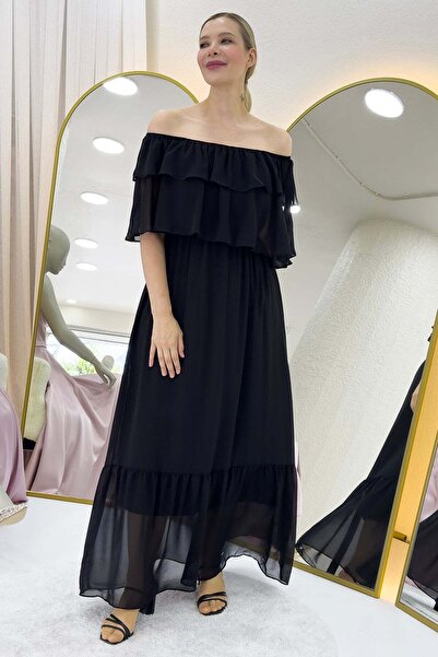 zks grup tekstil Black Carmen Collar Flounce Plus Size Long Chiffon Dress