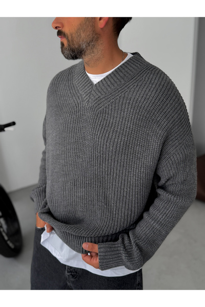 BYBASICMAN Anthracite Embroidery Detailed V-Neck Knitted Sweater Tw-1014