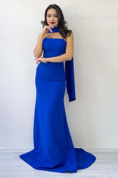 zks grup tekstil Shawl Collar Detail Strapless Mermaid Evening Dress Powder, Baby Blue, Black, Red, Navy Blue, White