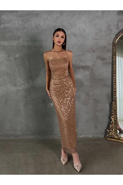 zoezoe Silviya Straplez Pul Payet İşlemeli Elbise Midi Abiye Beyaz