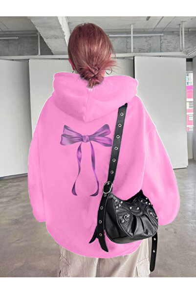 MOONBULL Дамска суитшърт с качулка, розов панделка на гърба и кенгуру джоб