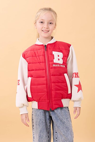 Perendi Girl's Plush Quilted College Jacket – Red