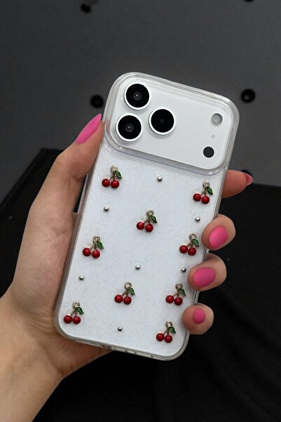 KVK PRİVACY Apple iPhone 17 Pro Uyumlu Epoksi Kiraz Desenli Şeffaf Silikon Kı...