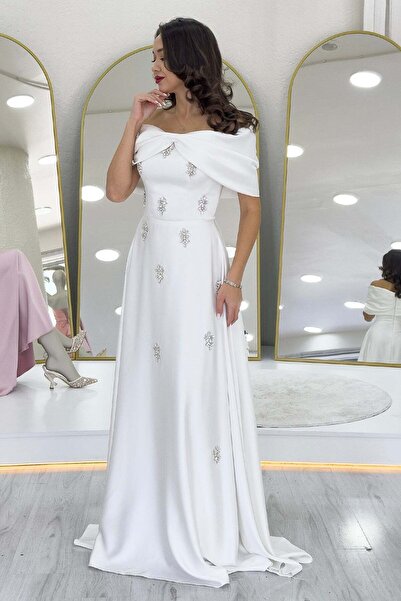 zks grup tekstil Rochie de seară din satin cu guler cu fundă, cu detalii în piatră, pudră, roșu, alb