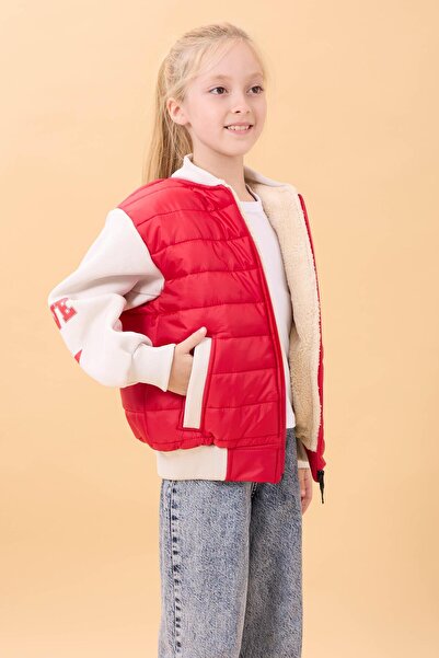 Perendi Girl's Plush Quilted College Jacket – Red