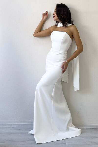 zks grup tekstil Shawl Collar Detail Strapless Mermaid Evening Dress Powder, Baby Blue, Black, Red, Navy Blue, White
