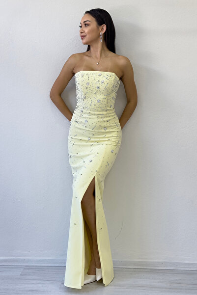 zks grup tekstil Strapless Stone Design Slit Mermaid Evening Dress White, Saks, Powder, Red, Baby Blue, Black, Yellow