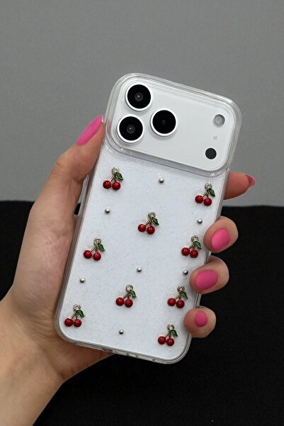 KVK PRİVACY Apple iPhone 17 Pro Max Uyumlu Epoksi Kiraz Desenli Şeffaf Siliko...