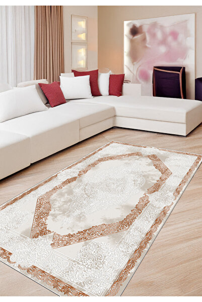 Halise Home Göbek Motif Desenli Kaymaz Tabanlı Yıkanabilir Baskılı Halı Kilim...