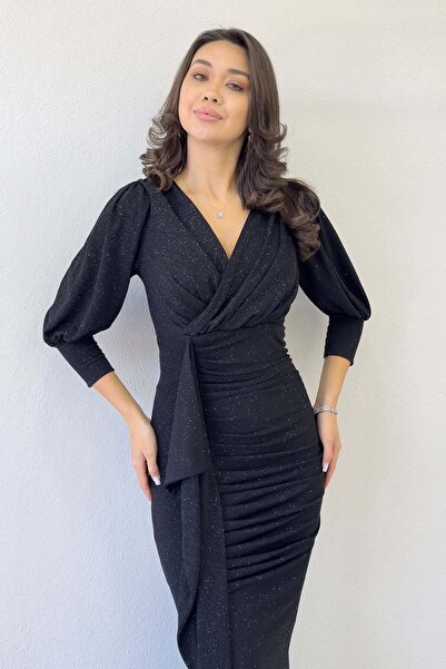 zks grup tekstil Balloon Sleeve Glitter Draped Flounce Detail Mermaid Evening Dress White, Indigo, Burgundy, Navy Blue, Purple, Black