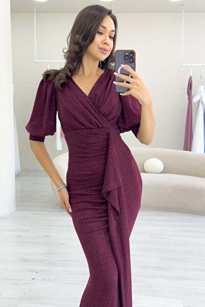 zks grup tekstil Balloon Sleeve Glitter Draped Flounce Detail Mermaid Evening Dress White, Indigo, Burgundy, Navy Blue, Purple, Black