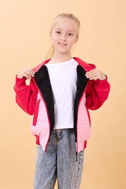 Perendi Girl's Plush Lined Hooded Quilted College Jacket – Pink