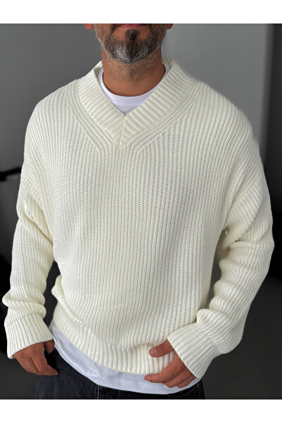 BYBASICMAN Ecru Embroidery Detailed V-Neck Knitted Sweater Tw-1014