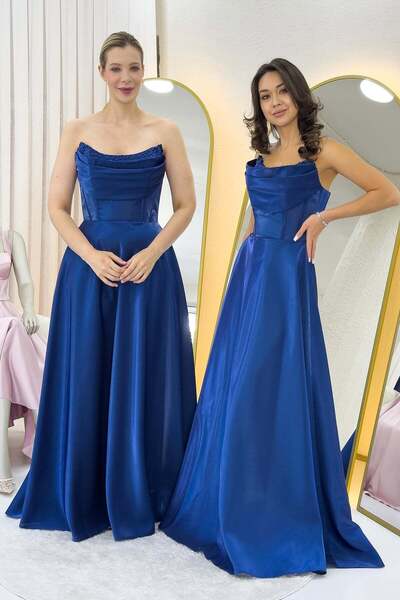zks grup tekstil Navy Blue Strapless Corset Detail Beaded Backless Evening Dress