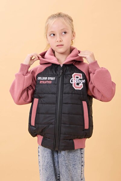 Perendi Girl's Plush Lined Hooded Quilted College Jacket – Black