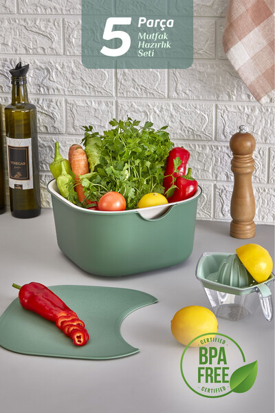 MOİ 5-Piece Kitchen Prep Set - Multi-Purpose Mixing Bowl Cutting Board Strainer Lemon Squeezer