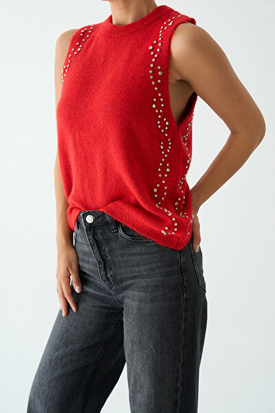 LOOSH Kadın Kırmızı Bisiklet Yaka Taş İşleme Detaylı Süveter