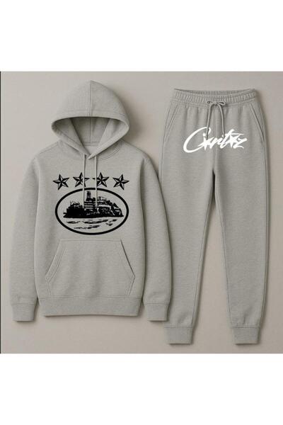 Elvino Hooded Crtz Printed Oversize Women'S/Men's Unisex Winter 3 Thread Gray Tracksuit Set