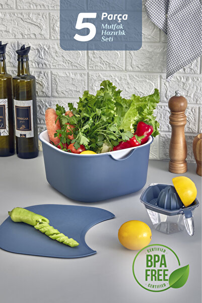 MOİ 5-Piece Kitchen Prep Set - Multi-Purpose Mixing Bowl Cutting Board Strainer Lemon Squeezer