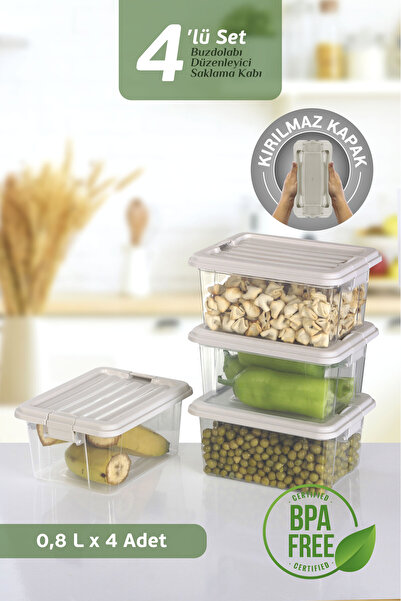 MOİ Set of 4 - 800ml Food Storage Container with Locking Lid - Freezer Refrigerator Organizer Storage Box Beige