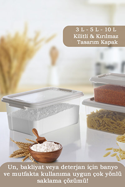 MOİ 3-Piece Locking Lid 3-5-10 Lt Food Storage Container Multi-Purpose Organizer Box Detergent Flour Grains Container