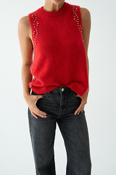 LOOSH Kadın Kırmızı Bisiklet Yaka Taş İşleme Detaylı Süveter